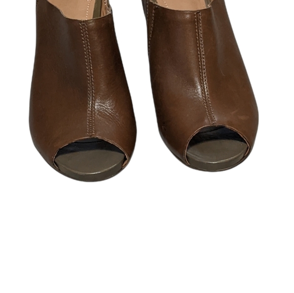 Clarks Okena chic peep toe leather mule stacked wood heel brown green 10M - Picture 11 of 14